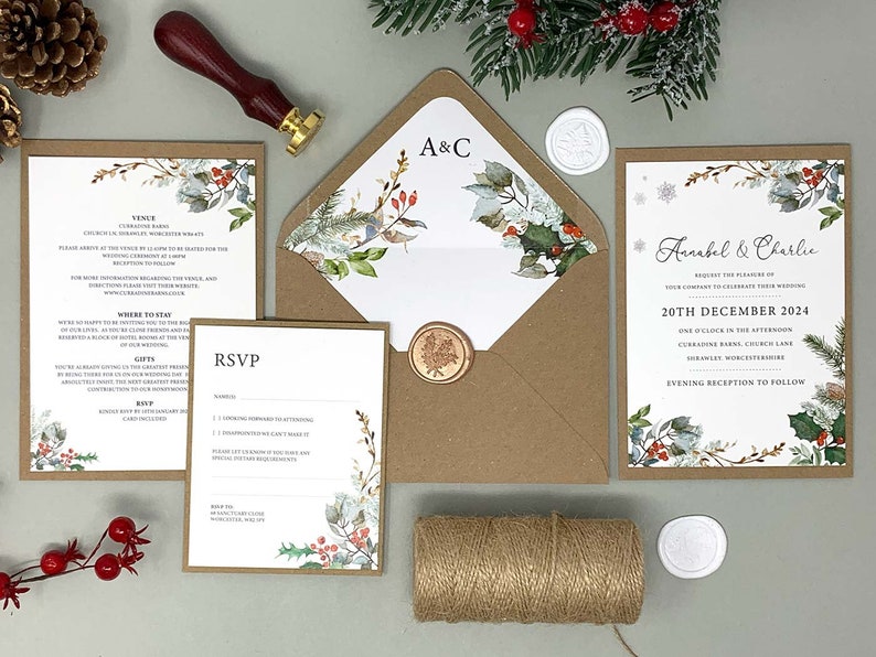 Winter Christmas Wedding Invitation Bundle With Jute Twine Tag RSVP Handtied Invitation Bundle Wedding Invitation SAMPLE image 2