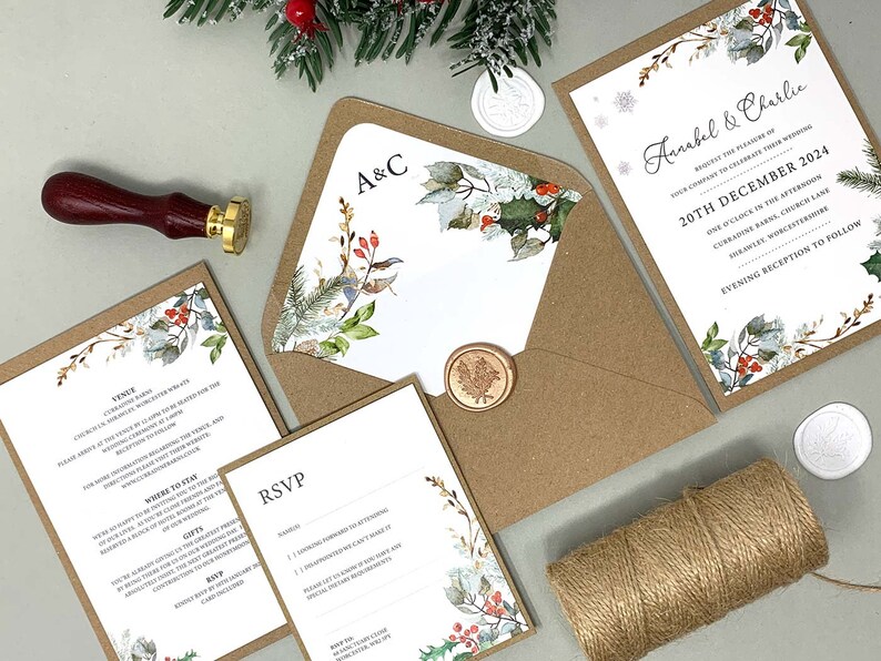 Winter Christmas Wedding Invitation Bundle With Jute Twine Tag RSVP Handtied Invitation Bundle Wedding Invitation SAMPLE image 4