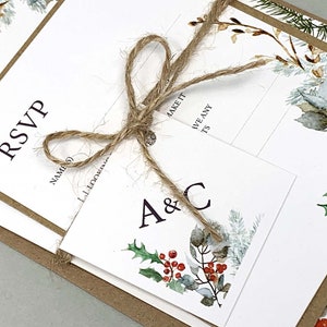 Winter Christmas Wedding Invitation Bundle With Jute Twine Tag RSVP Handtied Invitation Bundle Wedding Invitation SAMPLE image 3