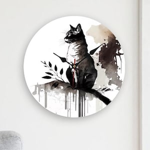Ink Painting Cat Clock, Black cat Wooden Wall Clock, Drawing black cat clock, Cat lover clock, Black cat print clock, Cat portrait clock