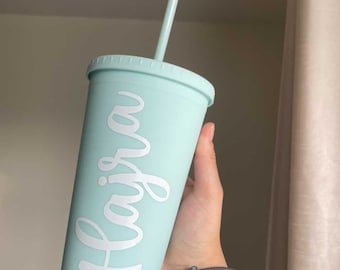 UK Pastel Matte coloured 24oz cold cup tumbler with lid and straw English or Arabic name. Choice of baby pink,blue,mint,lilac and black.