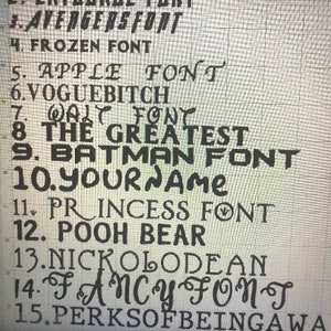 May include: A close-up of a white gridded surface with a list of 15 different font names written in black. The font names include "Basic", "Ertugrul Font", "Avengers Font", "Frozen Font", "Apple Font", "Voguebitch", "Walt Font", "The Greatest", "Batman Font", "Your Name", "Princess Font", "Pooh Bear", "Nickelodeon", "Fancy Font", and "Perks of Being a Wa".
