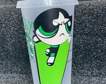 UK Powerpuff Girls Bubbles Blossom and Buttercup 24oz Starbucks cold cup tumbler with lid and straw