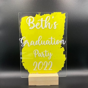 May include: A yellow acrylic sign with white text that reads "Beth's Graduation Party 2022". The sign is on a wooden base.