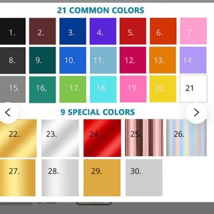 May include: A selection of 30 self-adhesive vinyl sheets in 21 common colours and 9 special colours. The colours include black, red, blue, green, yellow, pink, purple, orange, silver, gold, and more.