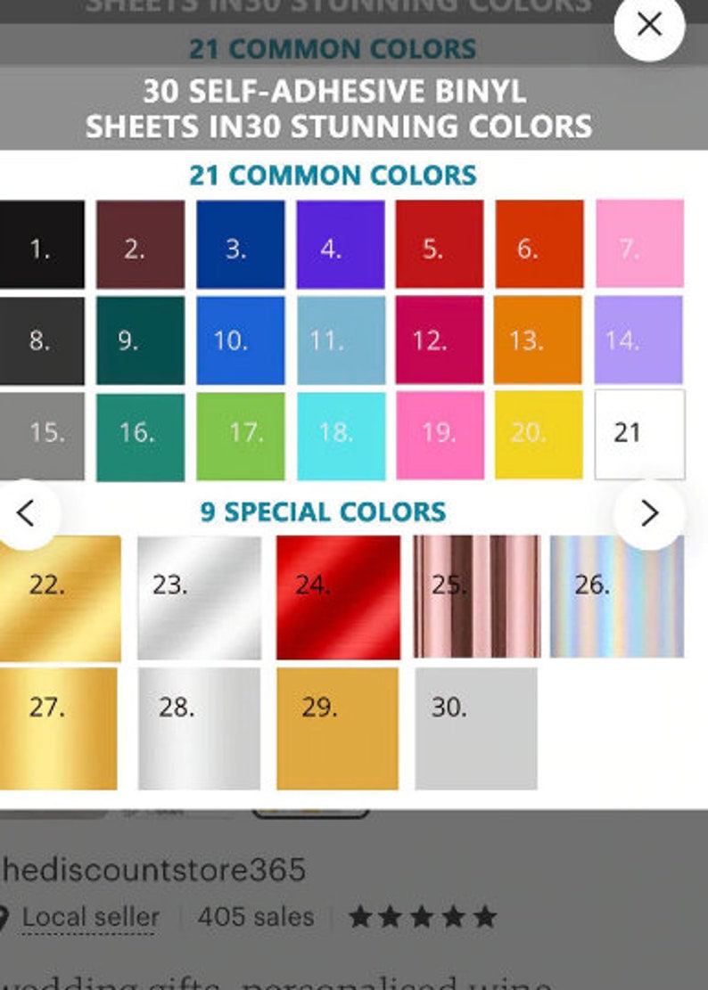 May include: A selection of 30 self-adhesive vinyl sheets in 21 common colours and 9 special colours. The colours include black, red, blue, green, yellow, pink, purple, orange, silver, gold, and more.
