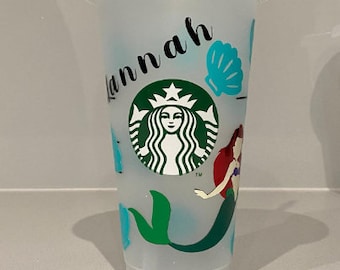 UK little mermaid ariel themed disney princess 24oz Starbucks cold cup tumbler with lid and straw