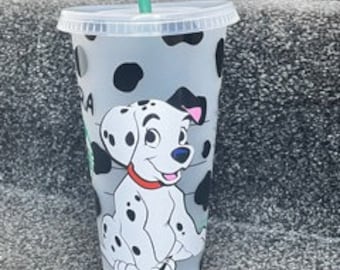 UK 101 dalmations themed disney 24oz Starbucks cold cup tumbler with lid and straw