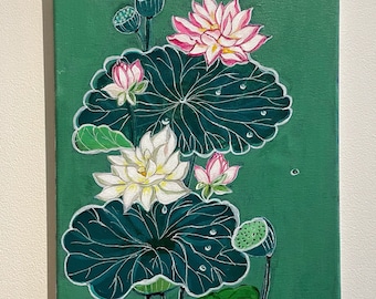Acrylic painting on canvas. Hand painted original painting, summer lotus flowers, home decor painting