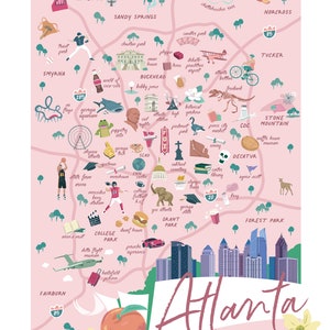 May include: A pink and green illustrated map of Atlanta, Georgia with various landmarks and points of interest. The map features a peach with a white blossom in the bottom left corner.