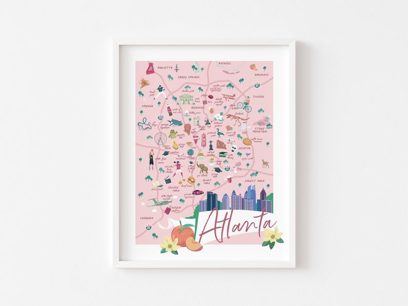 May include: A pink illustrated map of Atlanta, Georgia with landmarks and icons. The map includes the Atlanta skyline, the Georgia Aquarium, the World of Coca-Cola, and the Atlanta Botanical Garden. The text "Atlanta" is written in a white banner with a peach and magnolia flower.