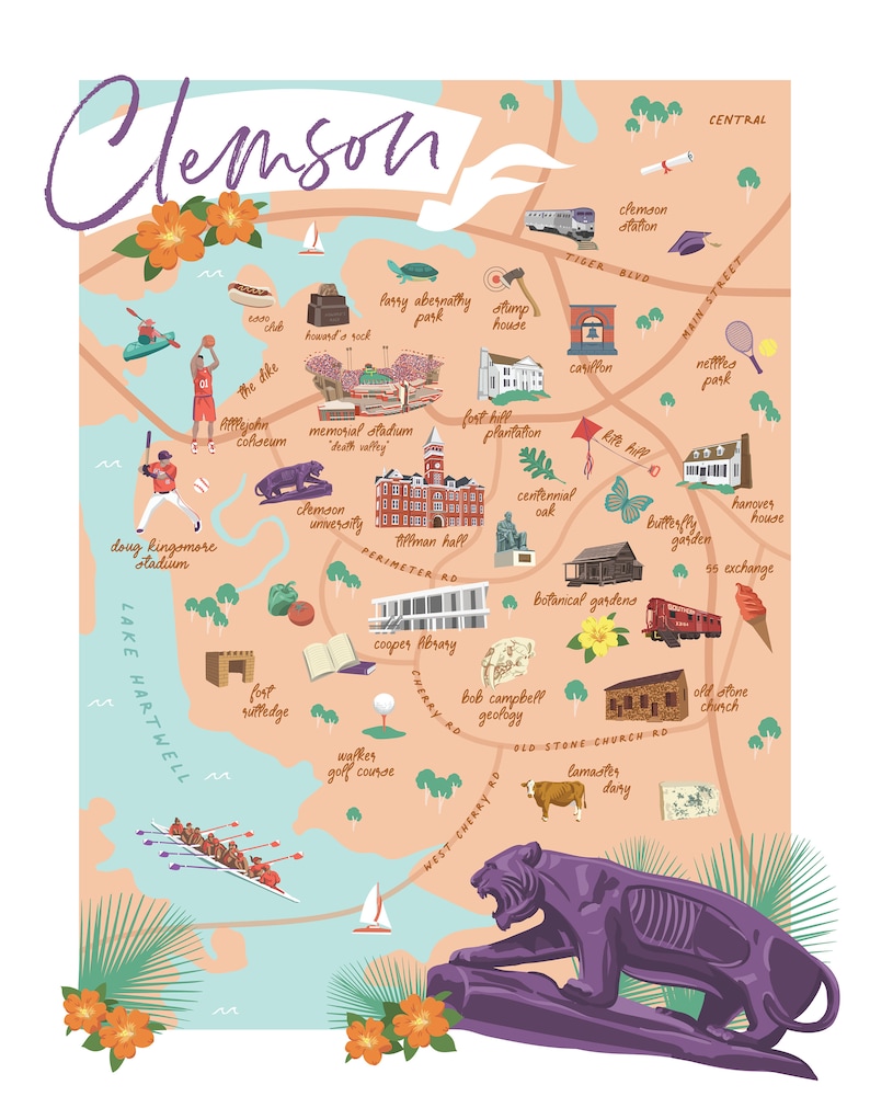CLEMSON South Carolina Map Print City Wall Decor Etsy