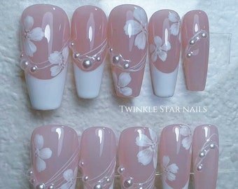 Clear Pink Base) Gorgeous Blooming Sakura | Summer Nails | Holiday Nails | White French Nails | Elegant Nails | xmm1268