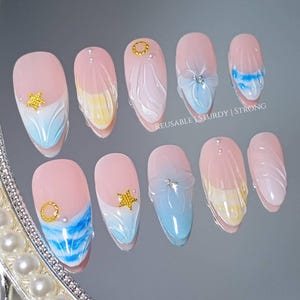 Reusable Coastal Chic Press On Nails | custom handmade nails, reusable press ons, handmade nails, acrylic nails, short nails, xhj353