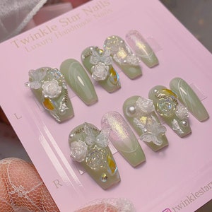Beautiful Jadeite Jade Inpired Press On Nails | Icy Green Nails | Nature Green Nails | Faux Nails | lmz1502