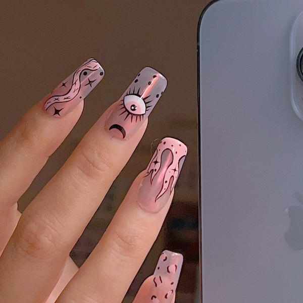 Long square Pink chrome Snake and Flame Press On Nails | Trendy Nails | Chrome Nails | Premium Nails | Reusable Nails | Salon Quality Nails