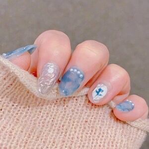 Elegant Marble Gray Blue Rose Press On Nails | Short Nails | Gel Nails | Summer Nails | imz2390