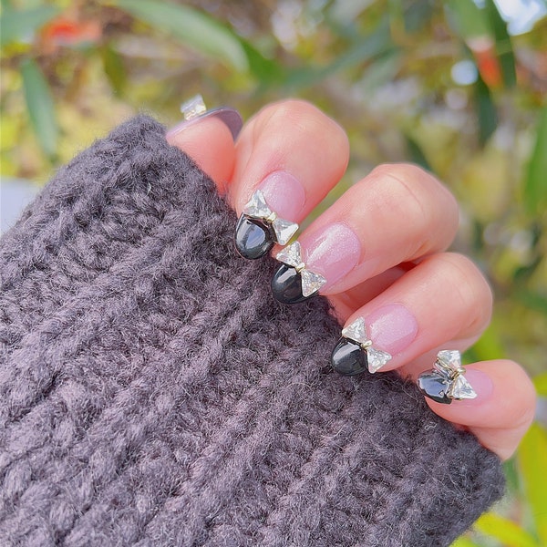 Short Crystal Ribbon Press On Nails (Pink Glitter Base) | Gel Nails | Cute Nails| Short Nails |Handmade With Love | lmz144
