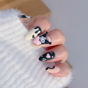 Hand-painted Kuromie with Pink Heart Press On Nails | Cute Nails | Kuromie Nails | Kawaii Nails | False Nails | Handmade Nails