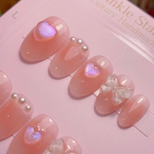 Short Pink Blush und Aurora Heart Press On Nails | Premium Nägel | Niedliche Nägel | Gel Nägel | Salon Qualität Nägel | xyz2530