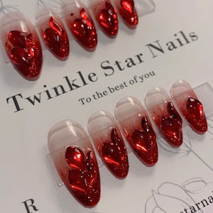 Valentines Nails With Red Rhinestones Etsy