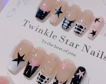 Y2K Black and Pink Star Press On Nails | Premium Nails | Reusable Nails | Gel Nails | Salon Quality Nails | xyz2737