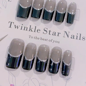 Long Square Black French with Silver Line Press On Nails | Glitter Nails | Gel Nails | False Nails | Salon Quality Nails | xyz2738