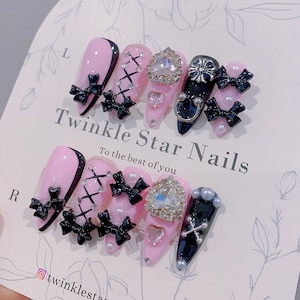 Stiletto Bling Crystal Heart With Cute Bows Press On Nails | Fancy Nails | Kawaii Nails | Pink Nails | Salon Quality Nails | yyz1335