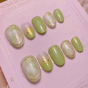 Short Marble Nature Jadeite Press On Nails | Fresh Green Nails | Ombre Nails | Gel Nails | Salon Quality Nails | imz2298