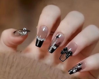 Jelly Black Glitter And Diamond Press On Nails | Glitter Nails | Black Nails | Glue On Nails | yyz1010
