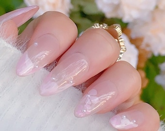 Gorgeous Pink and White Marble Flora Nails | Premium Nails | Reusable Nails | Pretty Nails |