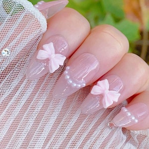 Kawaii French Pearl and Pink Bows | Premium Nails | Casual Nails | Cute Nails | Summer Nails | Nails At Home | xtz624