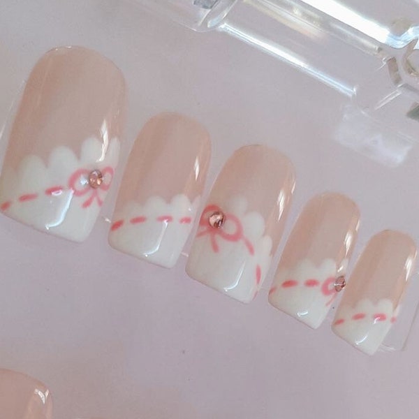 Cute Wavy White French and Pink Ribbon Press On Nails | Unique Nails | Gel Nails | Gel Nails | Handmade Nails | xyz2666