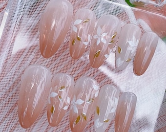 Pretty Ombré Hand painted Flower | Summer Nails | Almond Nails | Holiday Nails | Casual Nails | Salon Quality Nails | xxm2859