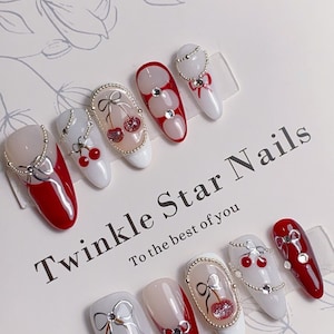 Luxury Red Coquette Cherry Bow / Durable Nails / Reusable Nails / Gel Nails / 3 min to apply at home / Salon Quality Nails