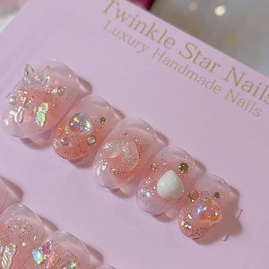 Feeling cute! | Short Glitter Butterfly And Heart Press On Nails | Kawaii Nails | Gel Nails | Heart Nails | Well Handmade Nails | Imz1504