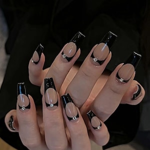 Hourglass Euphoria Black French Press On Nails | Premium Nails | Black Nails | Luxury Nails | xyz188