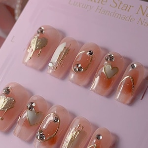 Short Bronze Chrome Heart Press On Nails | Hand-painted Heart Nails | False Nails | Gel Nails | Handmade Nails | Imz1521