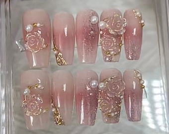 Elegant Clear Rose Glitter Press On Nails | Premium Nails | Gorgeous Nails | Luxury Nails | Pretty Nails | yyz1301