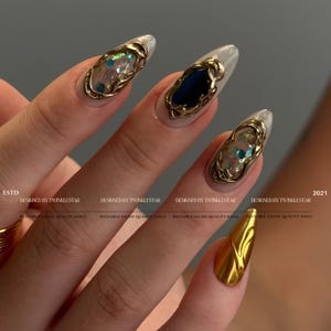 Gold Shell Blue Crystal Gemstone Press On Nails, Luxury Gold Chrome Nails, Ocean Inspired Gem Nails, Reusable Handmade Nails image 7