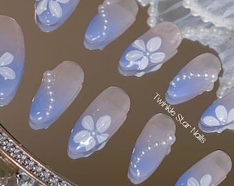 Elegant Ombré Light Blue Flower Press On Nails | Hand-painted Nails | Summer Nails | Holiday Nails | Glue On Nails | lmz830