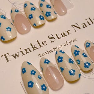 Reusable Tiny Blue Flower French Nails | Gel Nails | Classic Nails | Summer Nails | Holiday Nails | Handmade Nails | xxm1273