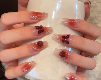 Deep Burgundy Flower On The Pearls Press On Nails | Elegant Nails | Luxury Nails | Glitter Nails | Beautifully Handmade Nails | yyz1065