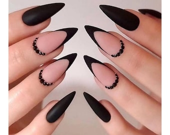 Custom Design No.131 Press On Nails | Matte Black Nails | Almond Nails | Elegant Press Ons | Handmade Nails | Salon Quality Nails