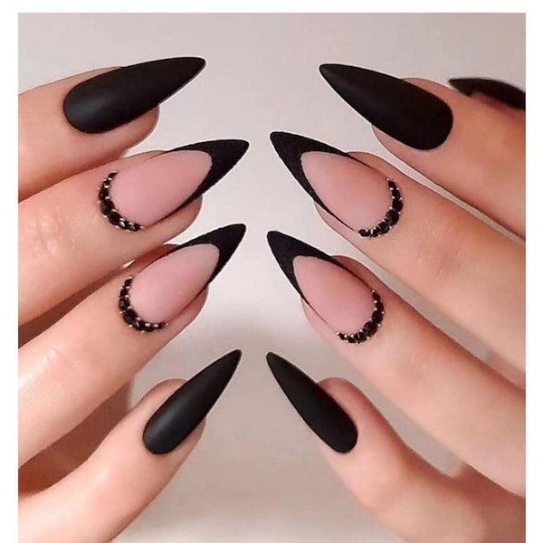 Custom Design No.131 Press On Nails | Matte Black Nails | Almond Nails | Elegant Press Ons | Handmade Nails | Salon Quality Nails