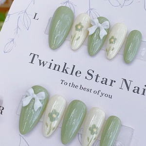 Sage Green Flower and White Ribbon / Durable Nails / Premium Nails / Gel Nails / Glue On The Nails / Salon Quality Nails