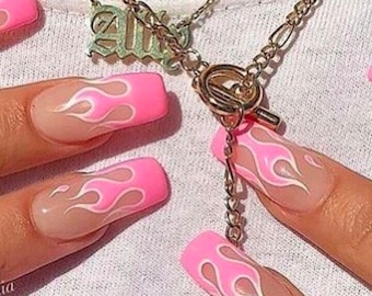Hot Pink & White Flame Press On Nails | Inspo Nails | Premium Nails | Hand-painted Nails | rmz1847
