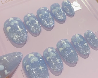 New Version | Short Baby Blue Reflective Cat Eye Little Heart Press On Nails | Gel Nails | Heart Nails | Cat Eye Nails | lmz142