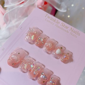 Feeling cute! | Short Glitter Butterfly And Heart Press On Nails | Kawaii Nails | Gel Nails | Heart Nails | Well Handmade Nails | Imz1504