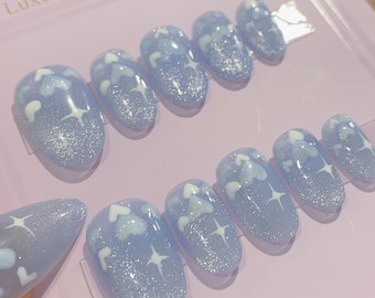 New Version | Short Baby Blue Reflective Cat Eye Little Heart Press On Nails | Gel Nails | Heart Nails | Cat Eye Nails | lmz142